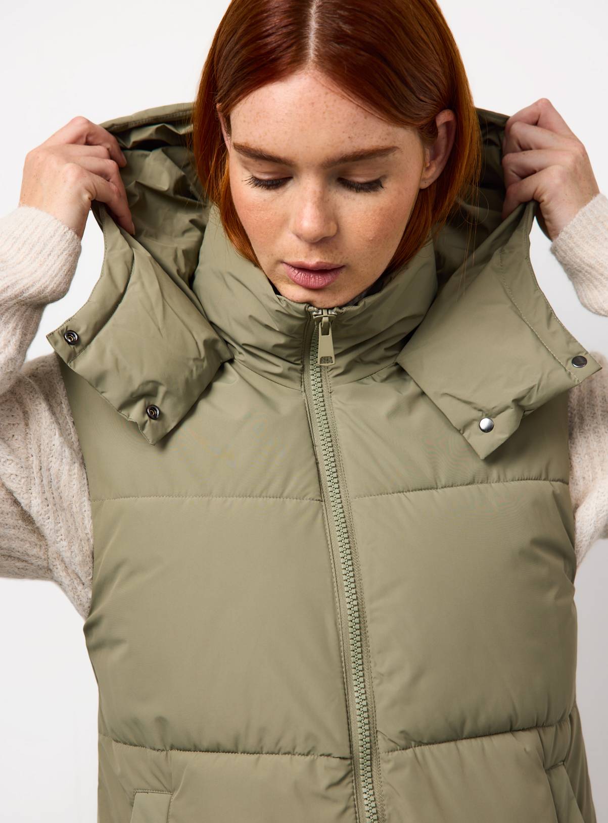 Light Khaki Longline Padded Gilet M - Image 2